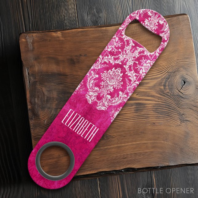 Hot Pink Grunge Damask Pattern Custom Text (Custom Bar Key)