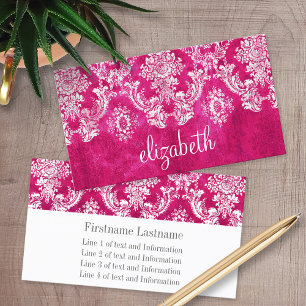 Hot Pink Grunge Damask Pattern Custom Text Business Card