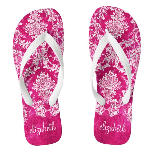 Hot Pink Grunge Damask Pattern Custom Text Jandals (Footbed)
