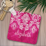 Hot Pink Grunge Damask Pattern Custom Text Key Ring<br><div class="desc">A vintage pattern with a chalkboard and lace design. Look closely to the flowers and leaves.A trendy design with jewel tone colours and elegance. Items are easier to customise when you replace all text and photos first. If your art still needs to be adjusted, click on the Customise This button....</div>