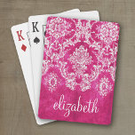 Hot Pink Grunge Damask Pattern Custom Text Playing Cards<br><div class="desc">A vintage pattern with a chalkboard and lace design. Look closely to the flowers and leaves.A trendy design with jewel tone colors and elegance. Items are easier to customize when you replace all text and photos first. If your art still needs to be adjusted, click on the Customize This button....</div>