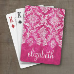 Hot Pink Grunge Damask Pattern Custom Text Playing Cards<br><div class="desc">A vintage pattern with a trendy design with jewel tone colours and elegance. Items are easier to customise when you replace all text and photos first. If your art still needs to be adjusted, click on the Customise This button. This will take you to a design area where you can...</div>