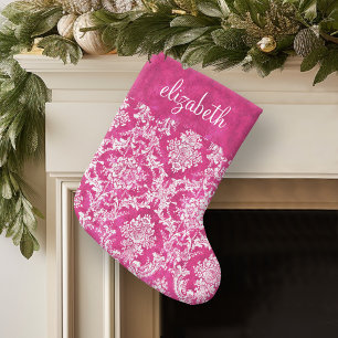 Hot Pink Grunge Damask Pattern Custom Text Small Christmas Stocking