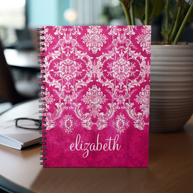 Hot Pink Grunge Damask Pattern Custom Text Spiral Notebook (Personalized notebook - add your name or other text)