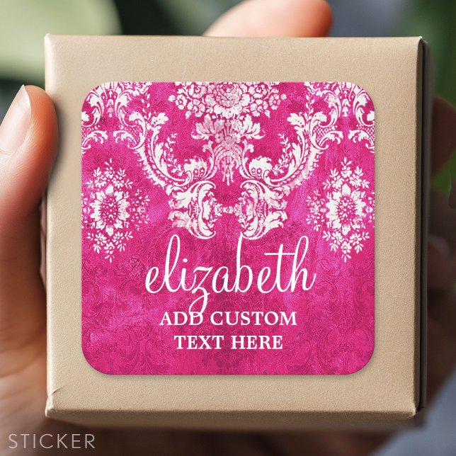 Hot Pink Grunge Damask Pattern Custom Text Square Sticker (Custom Sticker - Personalize with your info for a party favor or gift)