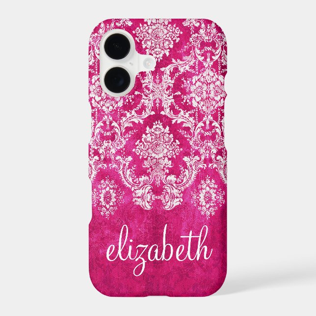 Hot Pink Grunge Damask Pattern Script Text (Back)