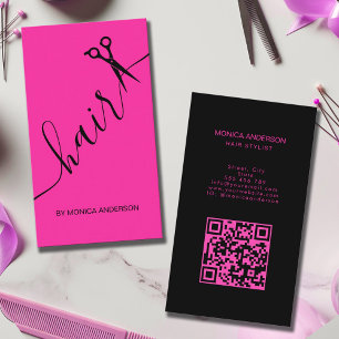 Hot Pink Hair Script Stylist Scissors QR Code Busi Business Card