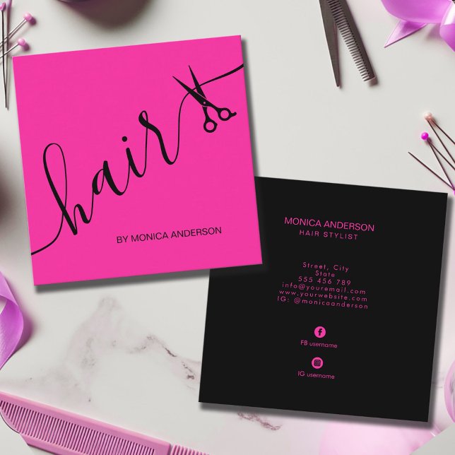 Hot Pink Hair Script Stylist Scissors Square Business Card (Hot Pink Hair Script Stylist Scissors Square Business Card)