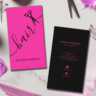Hot Pink Hair Script Stylist Scissors Vertical Business Card
