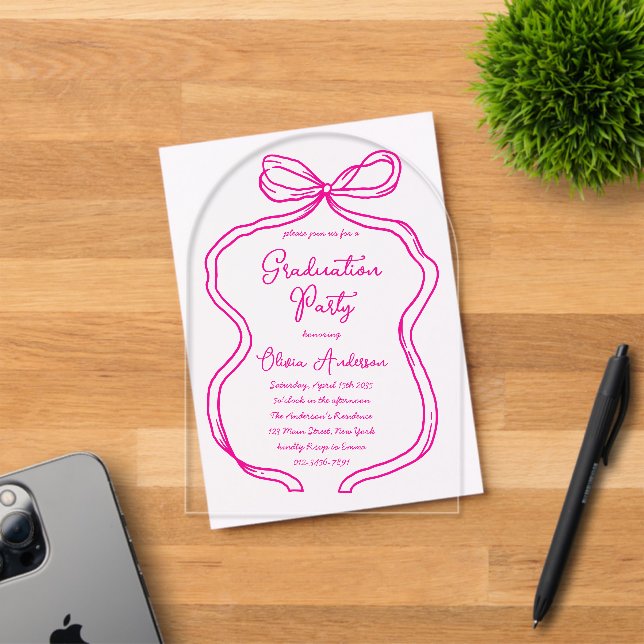 Hot Pink Hand Drawn Bow & Script Graduation Party Acrylic Invitations (Insitu (Invitation Card))