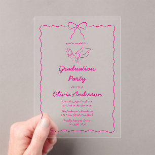 Hot Pink Hand-Drawn Bow Squiggle Graduation Party Acrylic Invitations