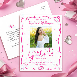 Hot Pink Hand Drawn Doodles Graduation Photo White Invitation Postcard