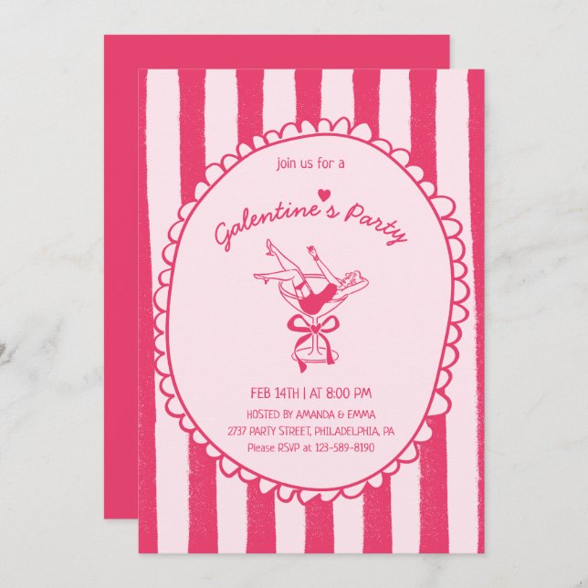 Hot Pink Hand Drawn Galentine's Day Party Invitation (Front/Back)
