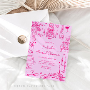 Hot Pink Hand Drawn Whimsical Bridal Shower Invitation