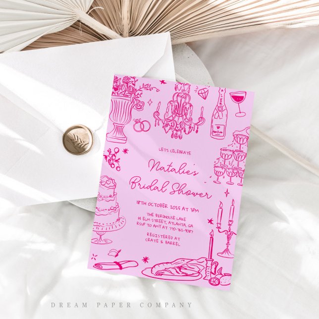 Hot Pink Hand Drawn Whimsical Bridal Shower Invitation (Creator Uploaded)