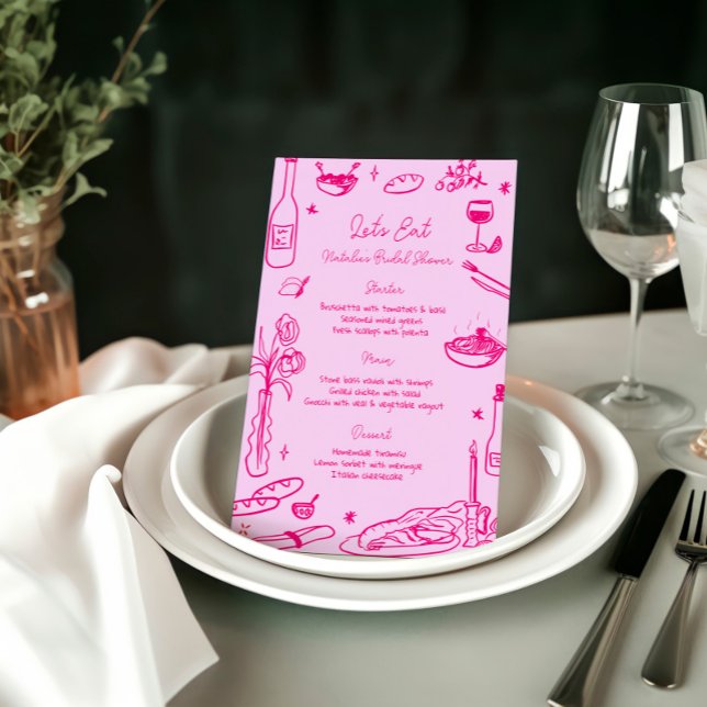 Hot Pink Hand Drawn Whimsical Wedding Menu (Creator Uploaded)