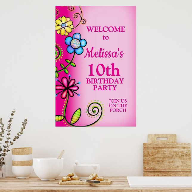 Hot Pink Hand-drawn Wildflowers Poster (Kitchen)