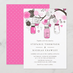 Hot Pink Hanging Mason Jars Wedding Invitation