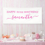 Hot Pink Happy 40th Birthday Elegant Name Banner<br><div class="desc">Create your own personalised Happy Birthday banner for her birthday. Customise the modern elegant script signature swash handwritten calligraphy script style and size as needed. Increase the font size for shorter names... reduce the font size for longer names. Change the white background colour or hot pink text and drop shadow...</div>