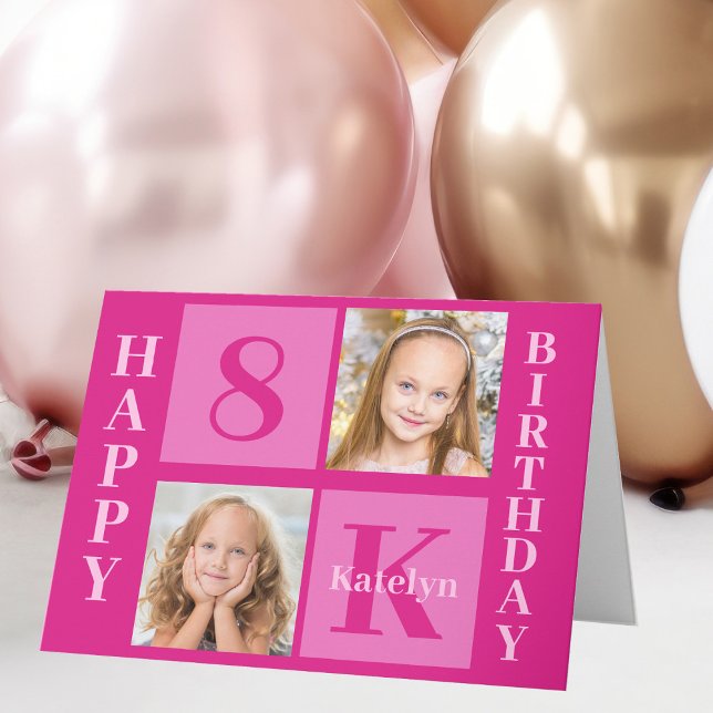 Hot Pink Happy Birthday Cute Custom Girls Photo Card (Creator Uploaded)