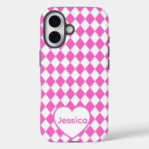 Hot Pink Harlequin Pattern Personalized Name iPhone 16 Case