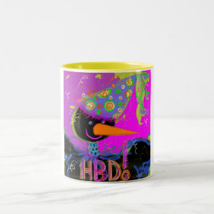 Hot pink HBD crow on a mug! Two-Tone Coffee Mug