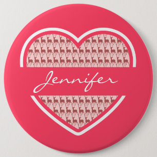Hot Pink Heart Deer Pattern Personalised Name 6 Cm Round Badge