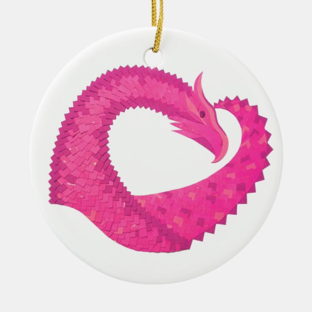 Hot pink heart dragon on white ceramic tree decoration (Front)