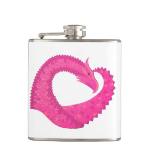 Hot pink heart dragon on white hip flask