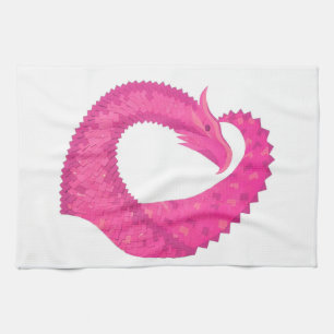 Hot pink heart dragon on white tea towel