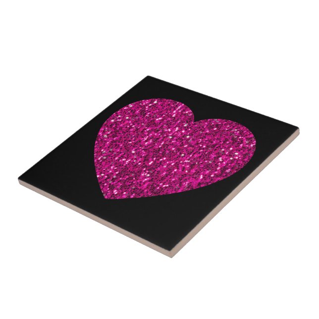Hot pink heart faux glitter sparkles on black tile (Side)