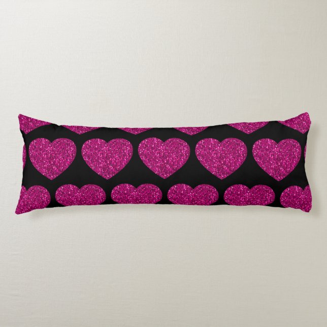 Hot pink heart faux glitter sparkles pattern black body cushion (Front)