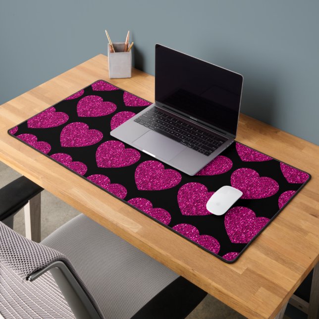 Hot pink heart faux glitter sparkles pattern black desk mat (Office 2)