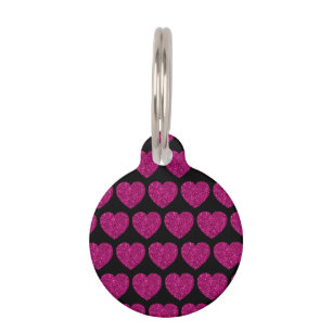 Hot pink heart faux glitter sparkles pattern black pet tag