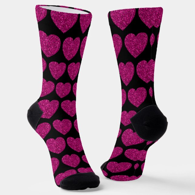 Hot pink heart faux glitter sparkles pattern black socks (Angled)
