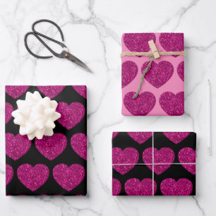 Hot pink heart faux glitter sparkles pattern black wrapping paper sheet
