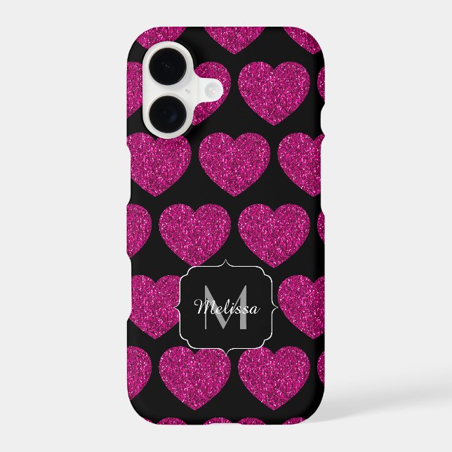 Hot pink heart faux sparkles pattern Monogram (Back)