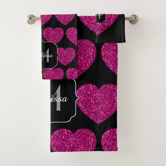Hot pink heart faux sparkles pattern Monogram Bath Towel Set (Insitu)