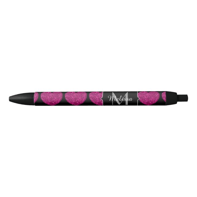 Hot pink heart faux sparkles pattern Monogram Black Ink Pen (Front)