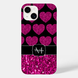 Hot pink heart faux sparkles pattern Monogram Case-Mate iPhone 14 Case