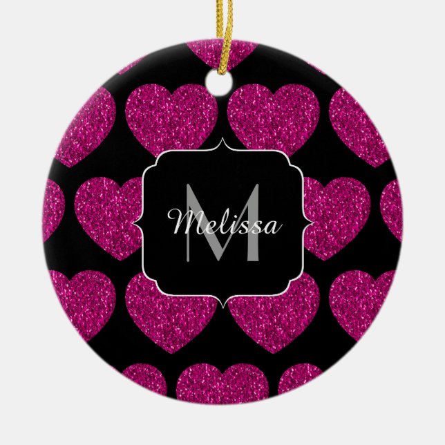 Hot pink heart faux sparkles pattern Monogram Ceramic Tree Decoration (Front)