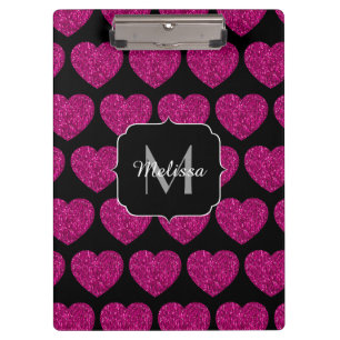Hot pink heart faux sparkles pattern Monogram Clipboard