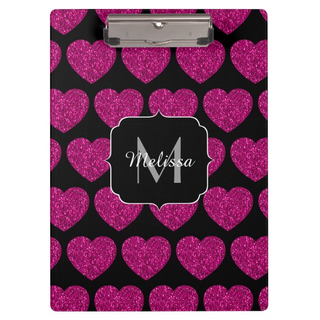 Hot pink heart faux sparkles pattern Monogram Clipboard (Front)