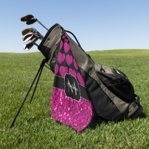 Hot pink heart faux sparkles pattern Monogram Golf Towel