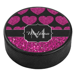 Hot pink heart faux sparkles pattern Monogram Hockey Puck