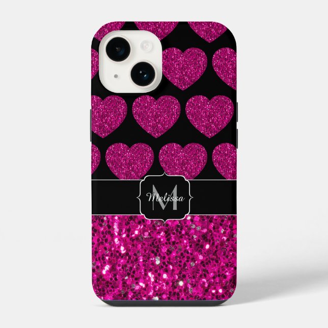 Hot pink heart faux sparkles pattern Monogram iPhone Case (Back)