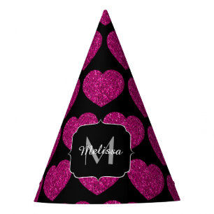 Hot pink heart faux sparkles pattern Monogram Party Hat