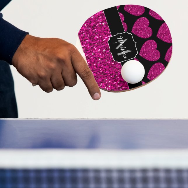 Hot pink heart faux sparkles pattern Monogram Ping Pong Paddle (Insitu)