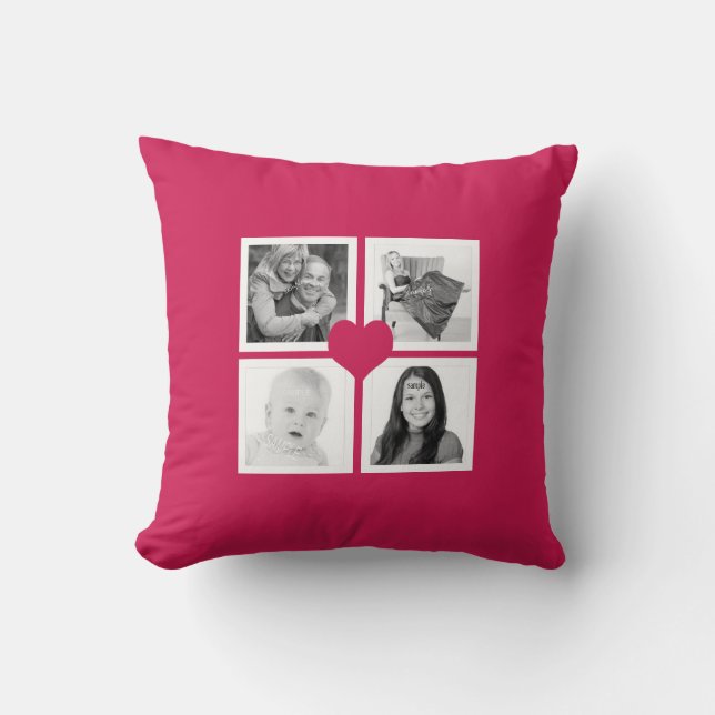 Hot Pink Heart Instagram Photo Collage Cushion (Front)