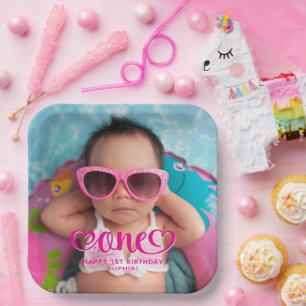 Hot Pink Heart One Photo 1st Birthday Paper Plate
